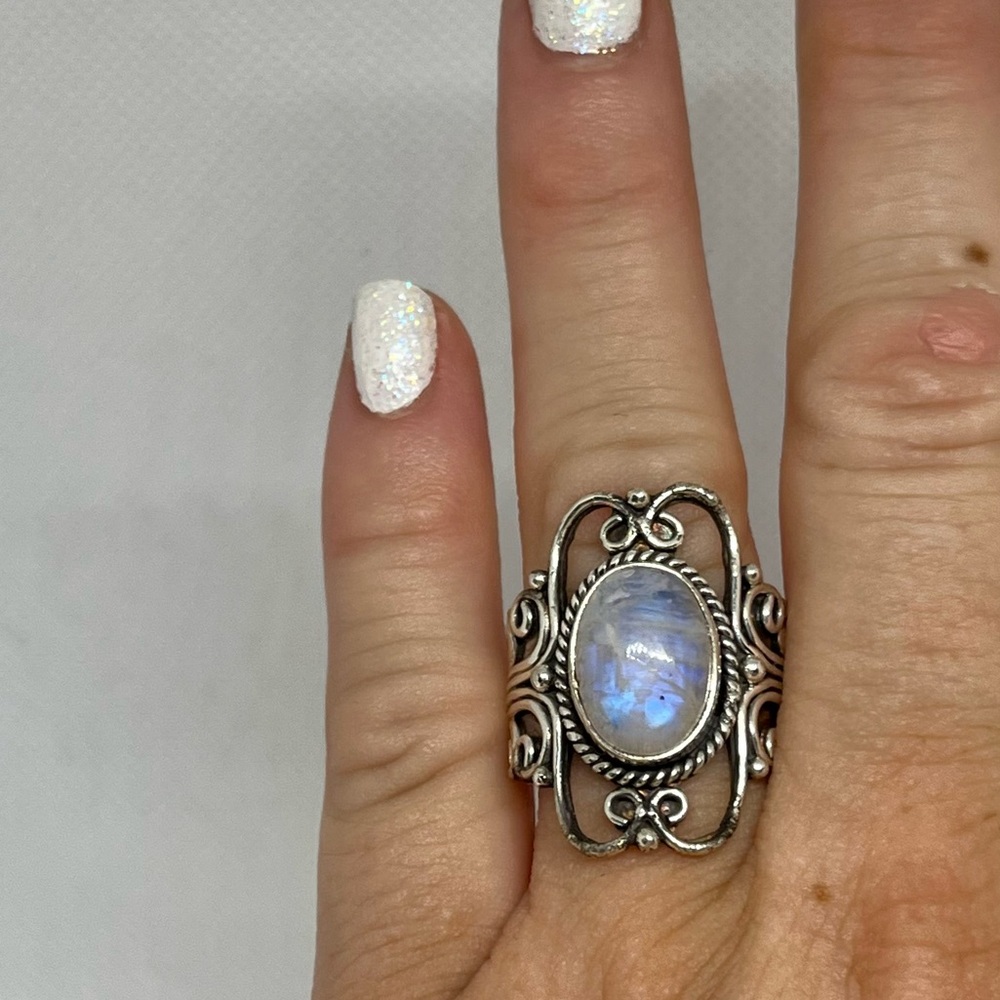 Boho Antiqued 925 Silver Moonstone Ring, Size 7.5